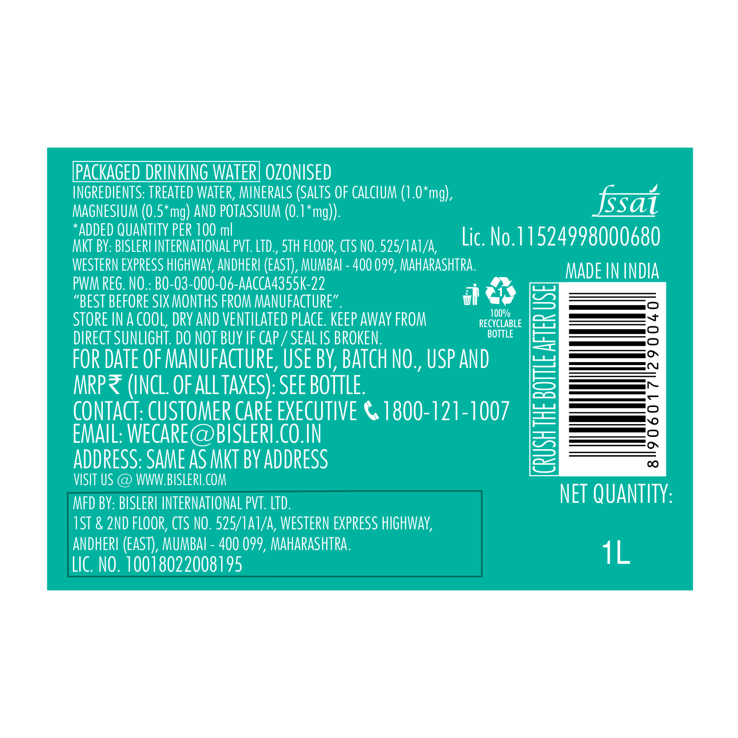 Bisleri 1 L Packaged Drinking Water back label